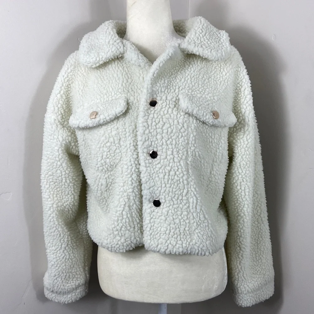 Shein Cream Double Flap Drop Shoulder Cropped Button Up Teddy Jacket XS - Picture 4 of 9